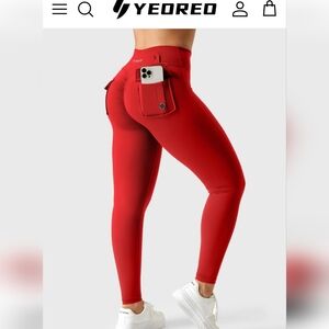 YEOREO NWT Cherry Red High-Waisted Full Length Leggings Back Pockets Booty Lift